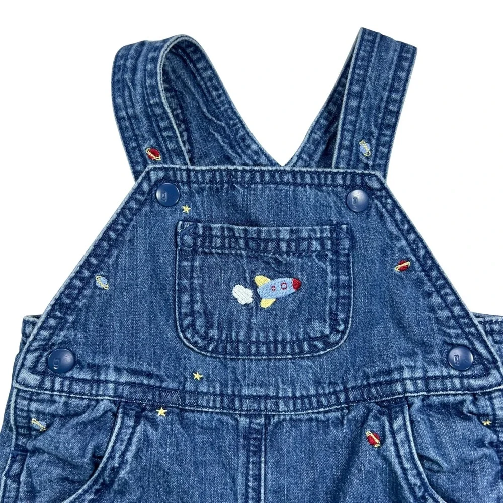 Vintage 2001 Gymboree Space Rocket Ship Denim Overalls Blue 3-6M Embroidered